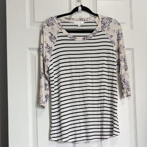DownEast Cream and Black Floral Stripe Top